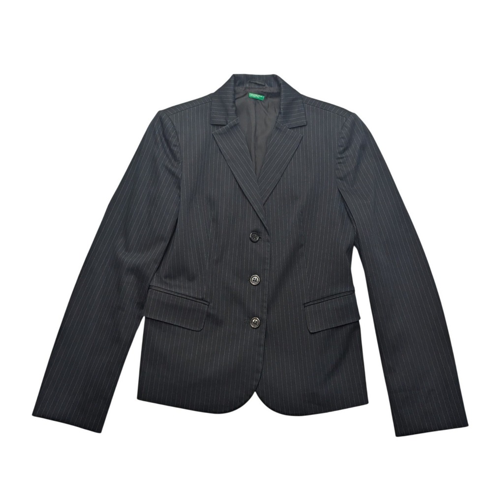 United Colors of Benetton Blazer Womens 44 Navy Blue Pinstripe Cotton Stretch